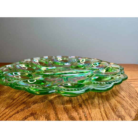 LE Smith Moon and Star Mint Green Carnival Glass Deviled Egg Plate - Picture 11 of 16